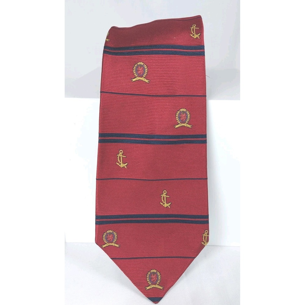 Tommy Hilfiger Italian Silk Necktie Navy Burgundy Striped Shield Repp Tie 4"x56"